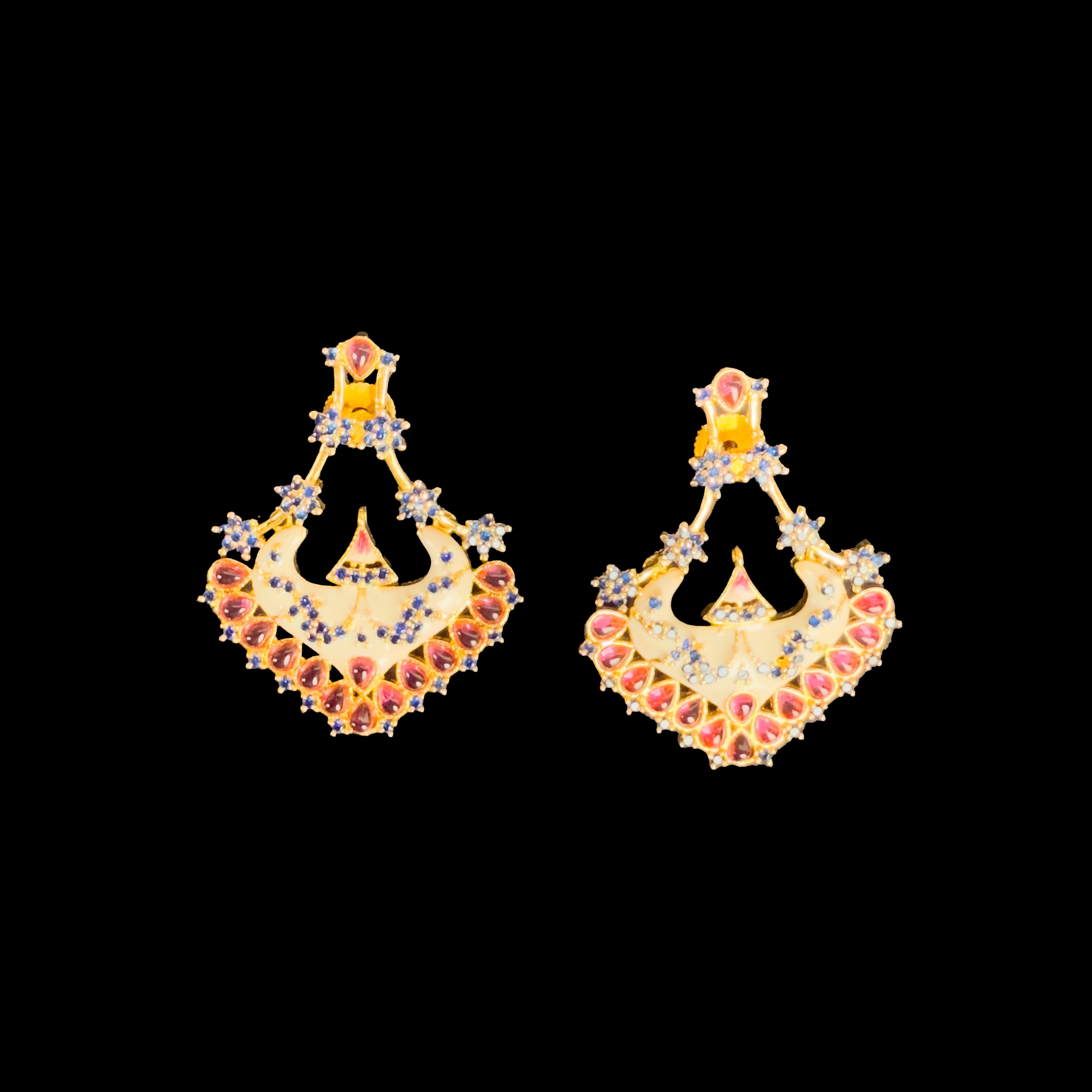 Gold Enamel Chandbali Earrings with Red & Blue Stones