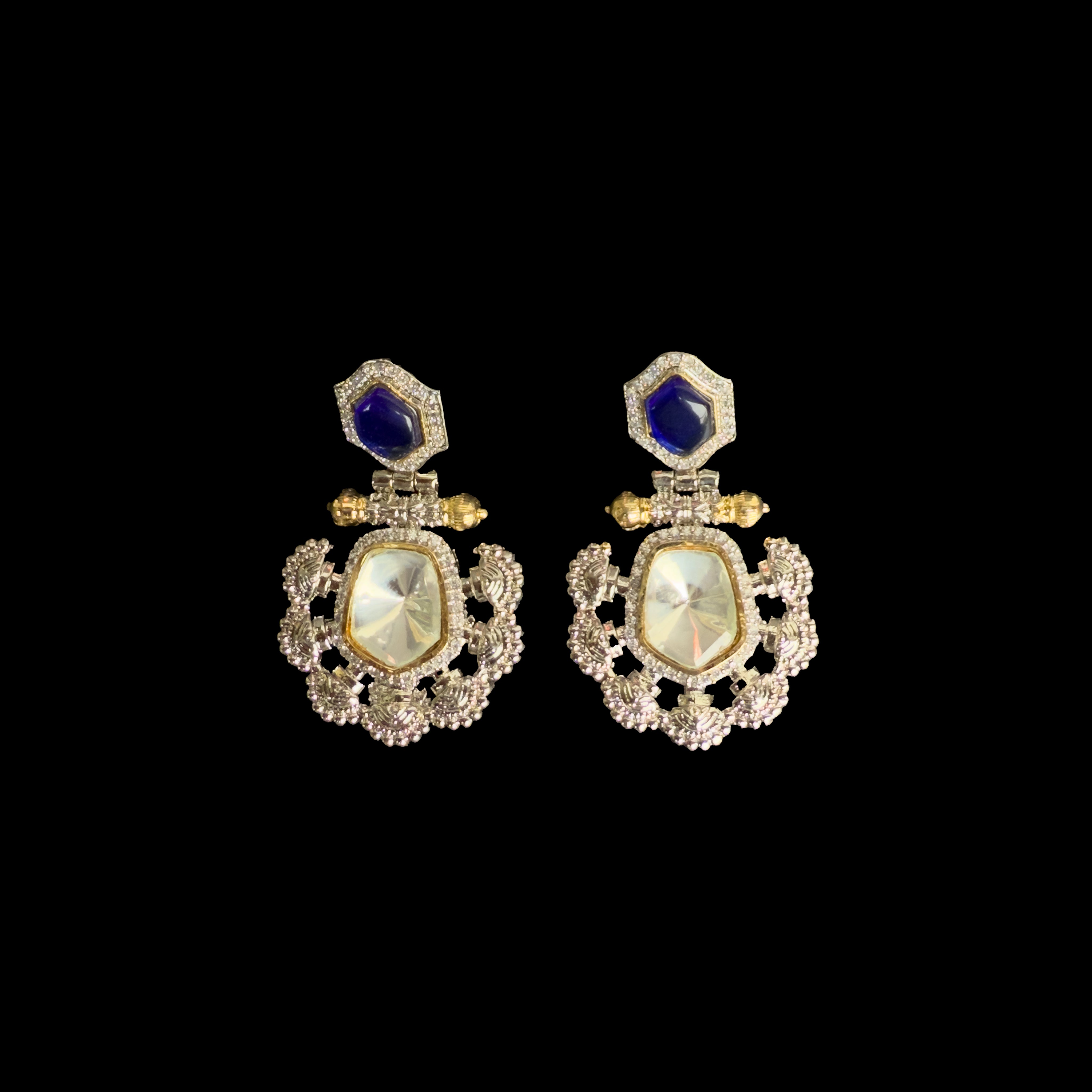 Silver Dangle Earrings with Sapphire, Moonstone & Diamonds