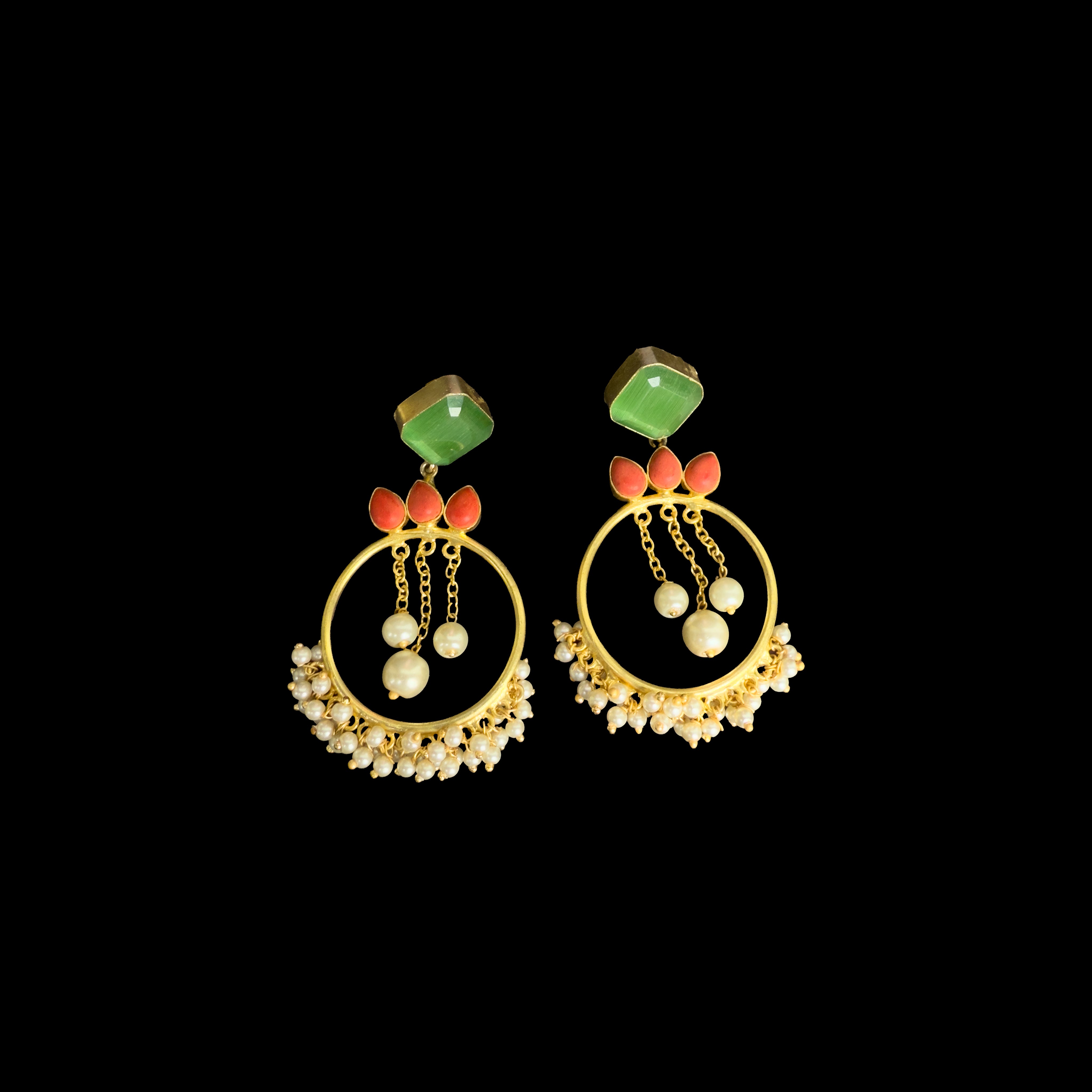 Gold Drop Earrings with Green & Pink Stones & Pearls