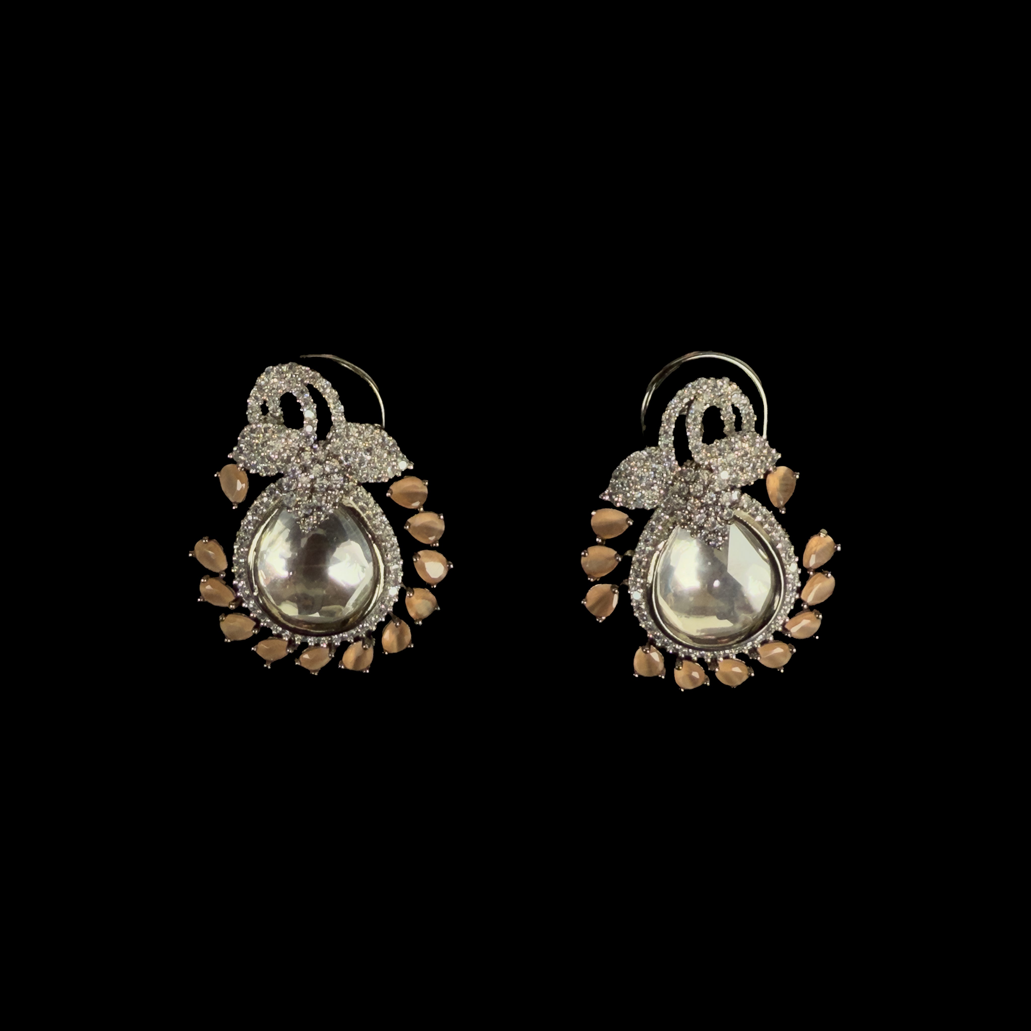 Silver Cubic Zirconia & Light Orange Stone Stud Earrings