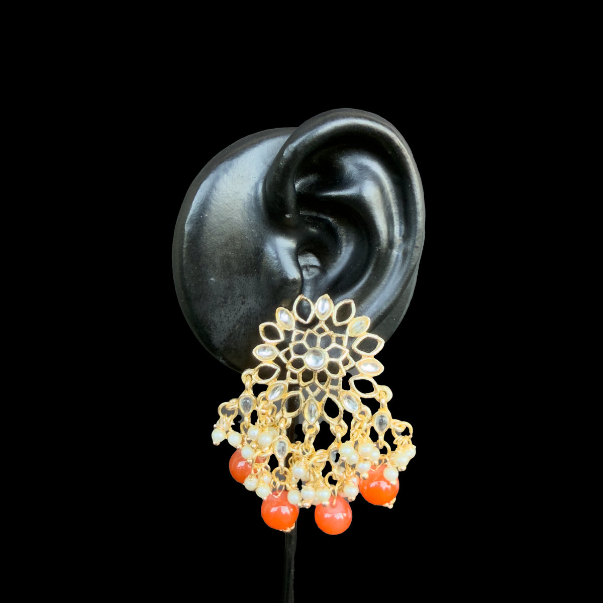 Gold Kundan Chandbali Earrings with Coral Beads – Regal & Traditional