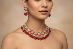 Gold-Plated Kundan Styled Maroon Necklace Set with Maang Tikka