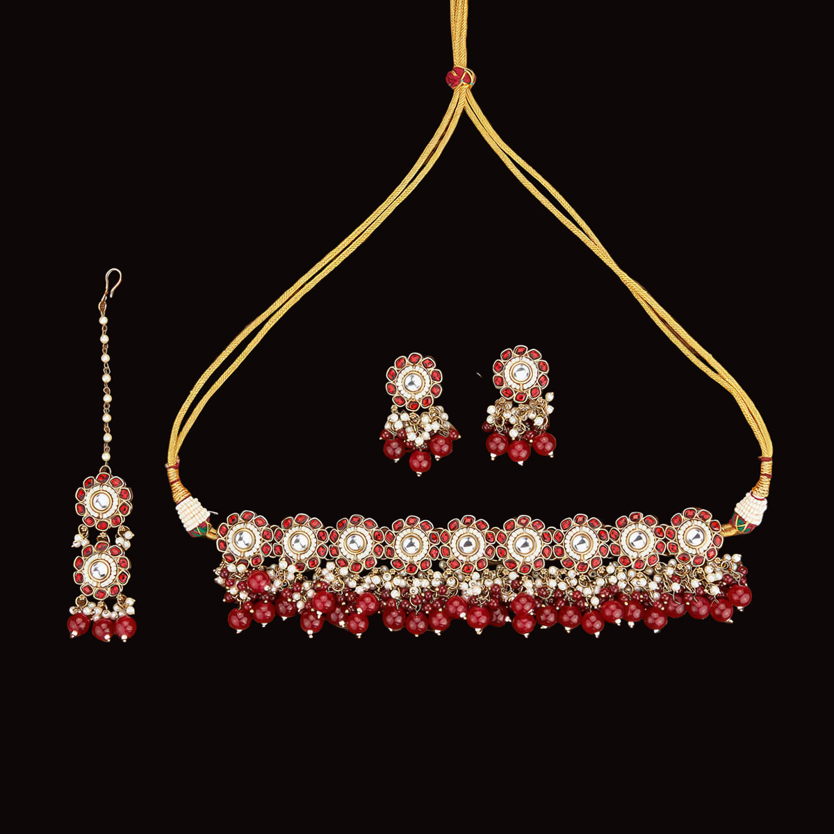 Gold-Plated Kundan Styled Maroon Necklace Set with Maang Tikka
