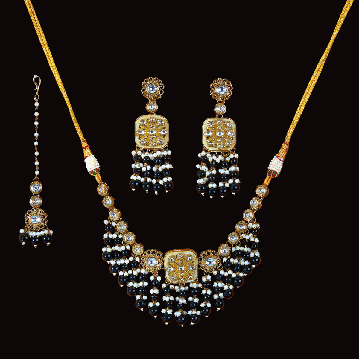 Gold-Plated Kundan Styled & Beaded Necklace Set with Maang Tikka