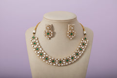 Matte Gold-Plated Kundan & Emerald Choker Necklace Set