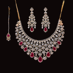 American Diamond Gold-Plated Ruby Bridal Necklace Set