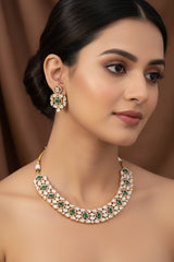 Matte Gold-Plated Kundan & Emerald Choker Necklace Set